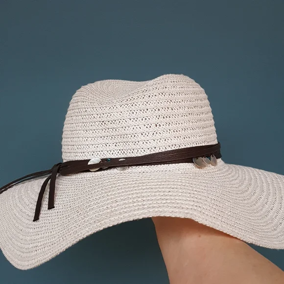 OFF WHITE COLUMBINO BOHO WITH ABALONE DRIP RAFIA PAPER TREE FLOPPY SUMMER HAT - Picture 4 of 9